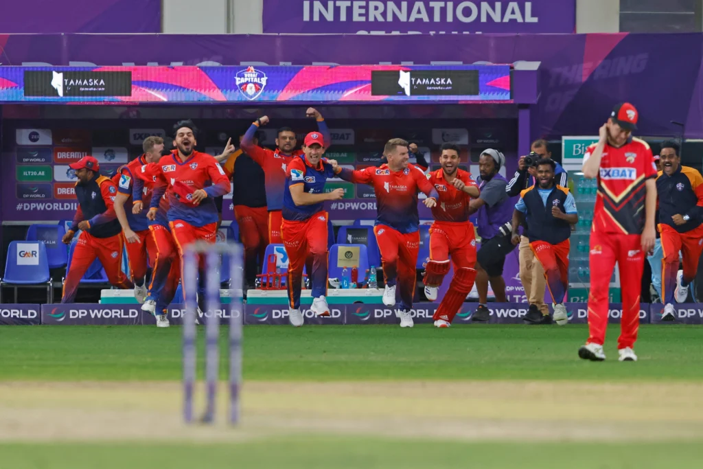 Dubai Capitals players celebrate after winning the final of the DP World International League T20 between Dubai Capitals and Desert Vipers at Dubai International Stadium