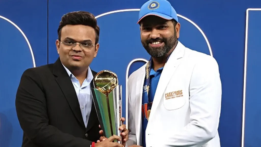 ICC President Jay Shah and Rohit Sharma with Champions Trophy 2025 Title