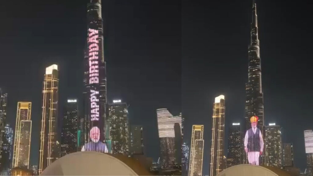 Burj Khalifa Lights Up with Indian Flag and Prime Minister Modi’s Image on his 75th Birthday Burj Khalifa Lights Up with Indian Flag and Prime Minister Modi's Image on his 75th Birthday