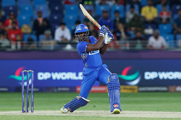 Andre Fletcher of MI Emirates plays a shot during the match 15 of the DP World International League T20 between the Desert Vipers and the MI Emirates held at the Dubai International Cricket Stadium, Dubai, United Arab Emirates on the 30th January, 2024