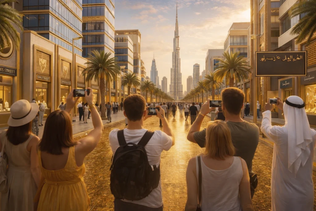 Tourists Capture the Gold Street Glow