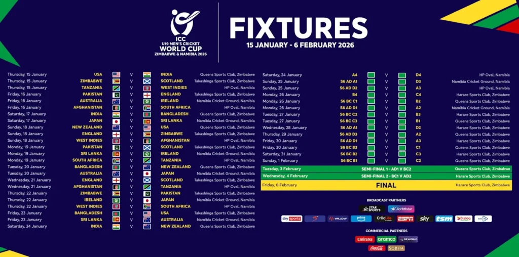 U19 Cricket World Cup 2026 Fixtures