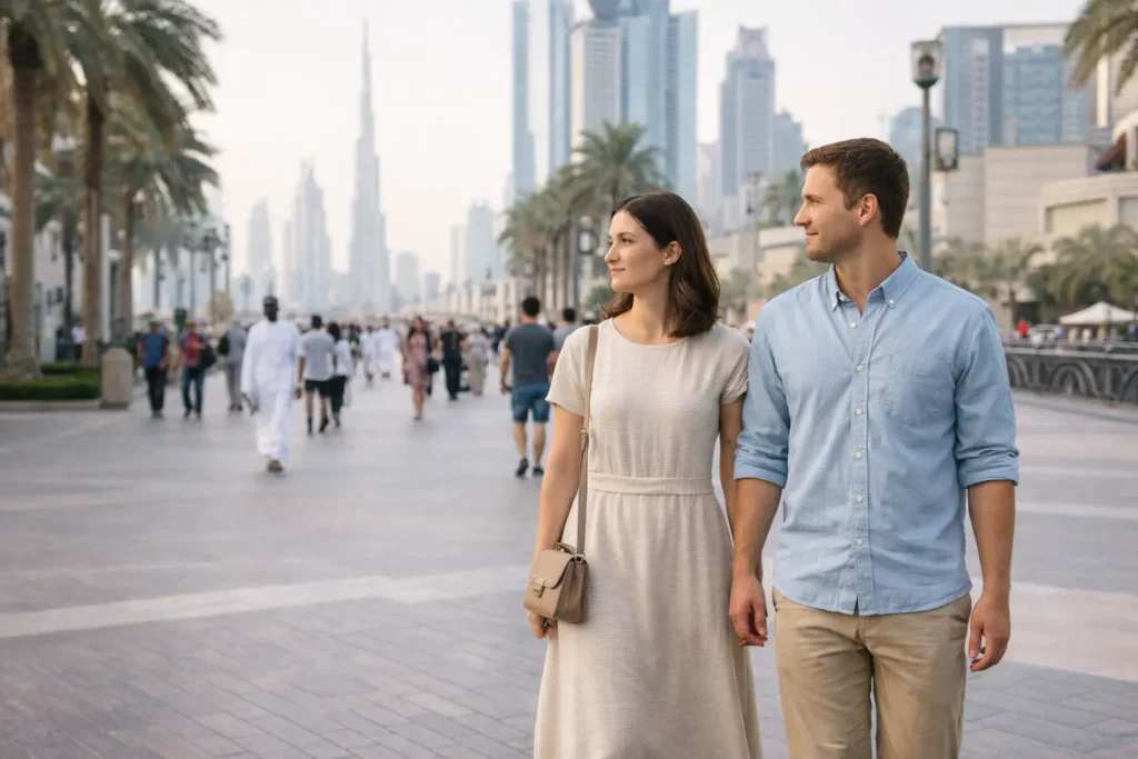 Couple Strolling in Dubai's Skyline