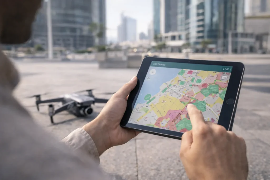 Drone pilot checking map in Dubai