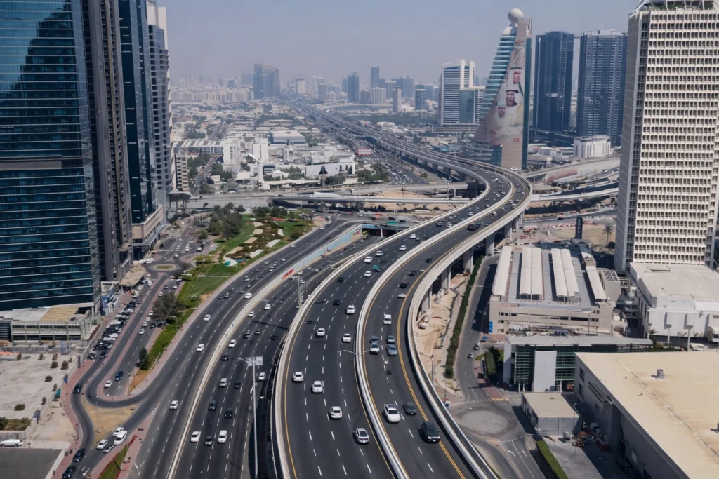 Dubai RTA Opens New Bridge at the World Trade Centre Roundabout to Slash Travel Time in 2026 Aerial view of Dubai’s new 1,000-metre RTA bridge near World Trade Centre connecting Sheikh Zayed Road to Sheikh Khalifa Bin Zayed Street with smooth flowing traffic.