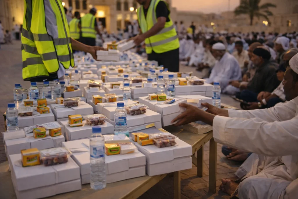 Iftar meal distribution near mosque in Sharjah