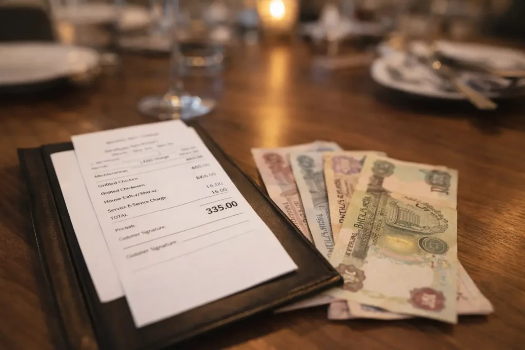 Restaurant bill with UAE Dirhams tip