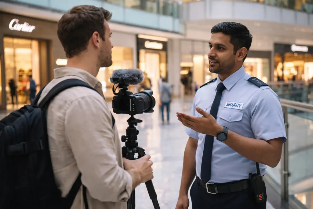 Security Guard and Content Creator Conversation