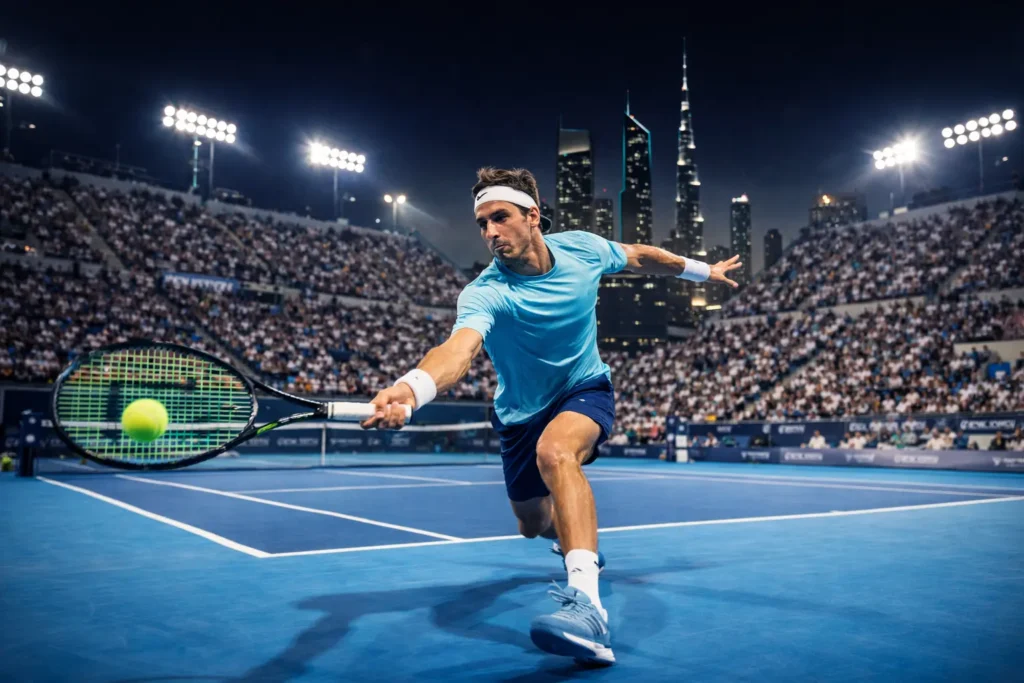 Tennis Action under Dubai Lights