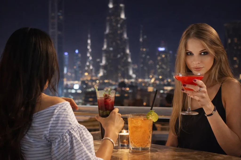 Womens enjoying drinks with a skyline view