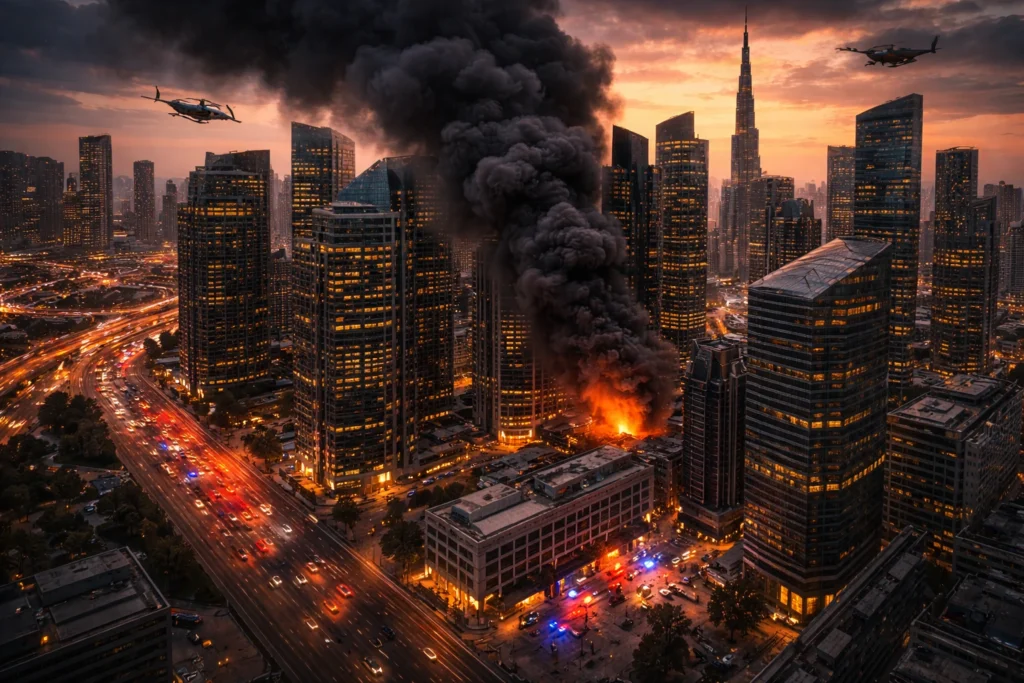 Aerial Photograph of Central Dubai with Smoke Rising between Skyscrapers in the Dubai Financial District
