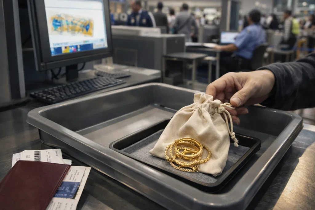 Busy Airport Security Checkpoint with Travelers Waiting
