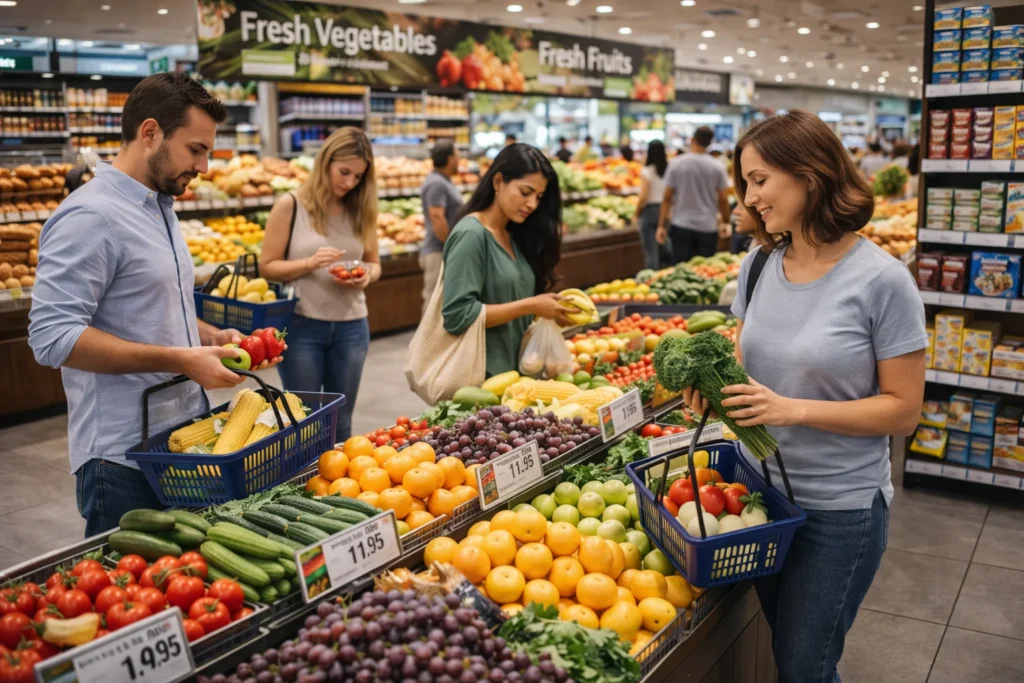 Busy Produce Section in Dubai Market