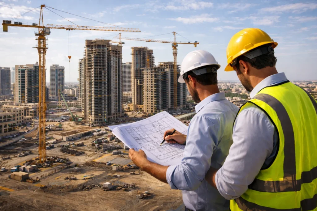 Construction Workers Reviewing Blueprints in Abu Dhabi