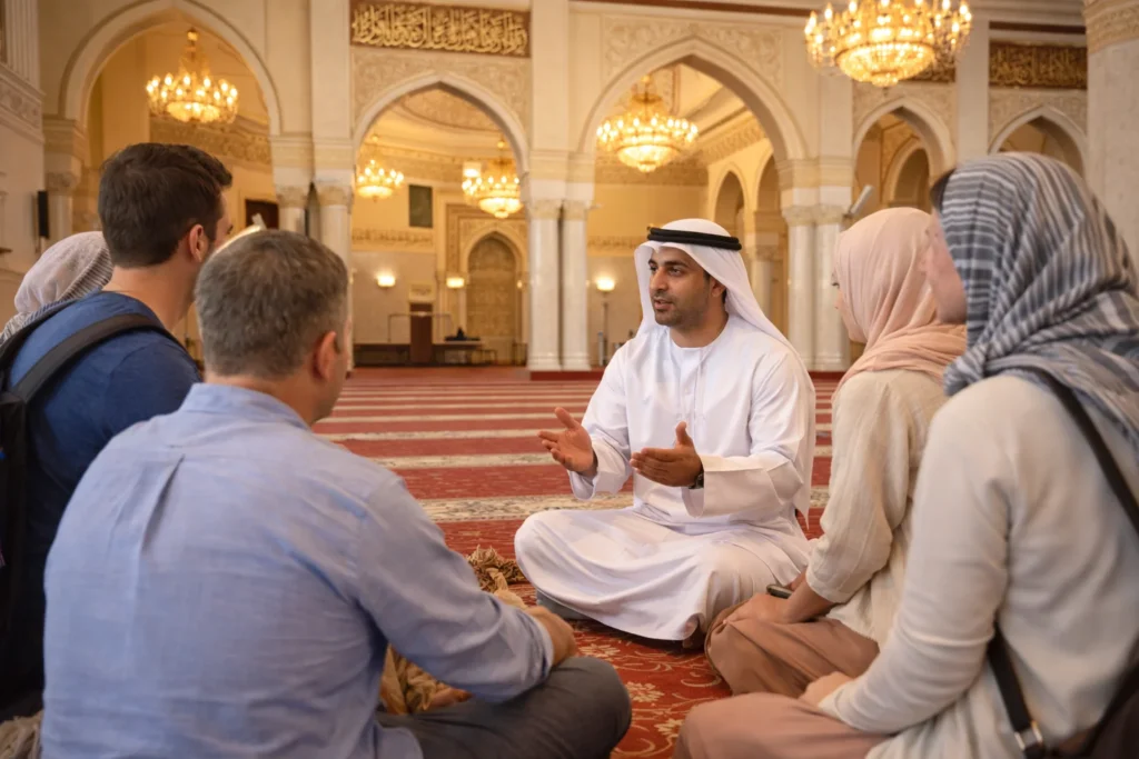 Cultural Guide Explaining Traditions in Dubai Mosque
