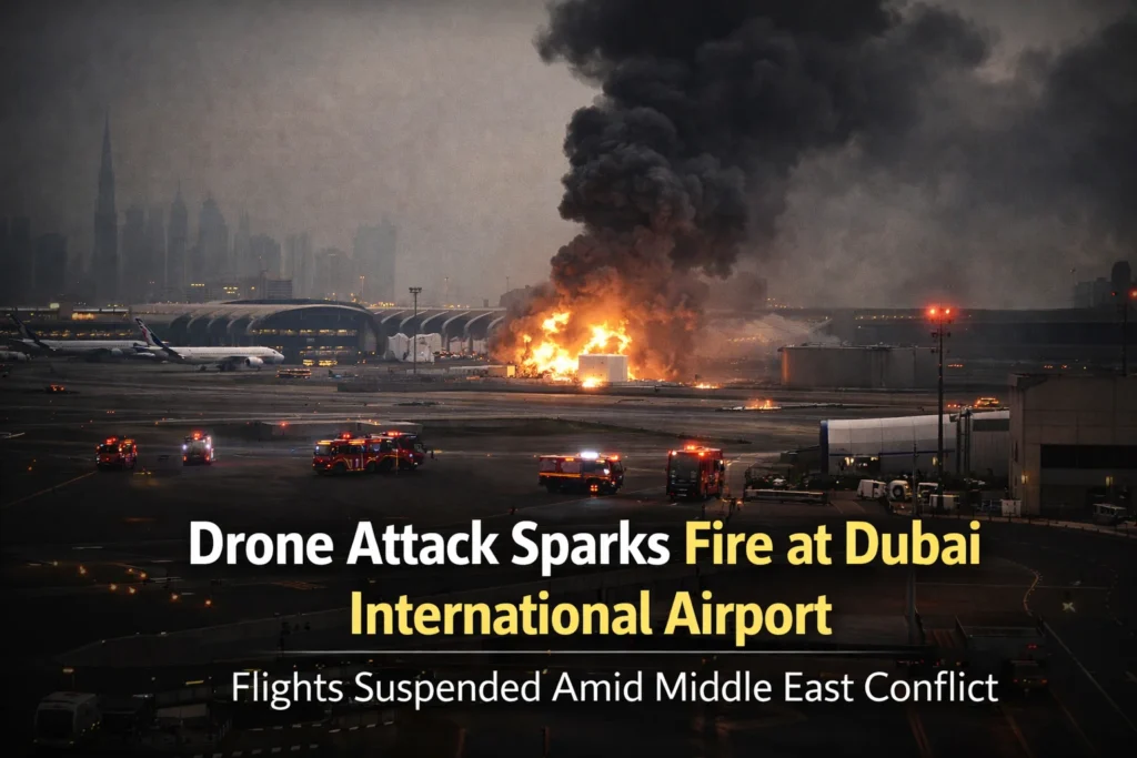 Drone Attack Sparks Fire at Dubai Airport: Flights Suspended Amid Middle East Conflict Drone Attack Sparks Fire at Dubai Airport: Flights Suspended Amid Middle East Conflict