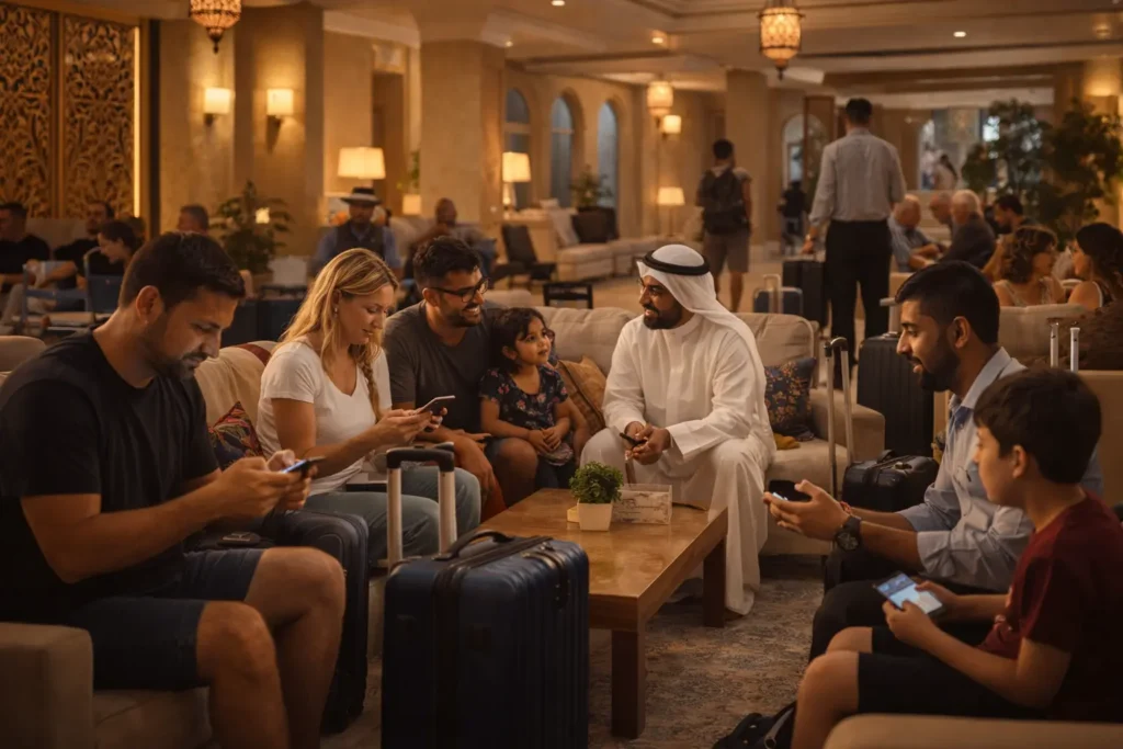 Dubai Apartment Lobby with Travelers Waiting