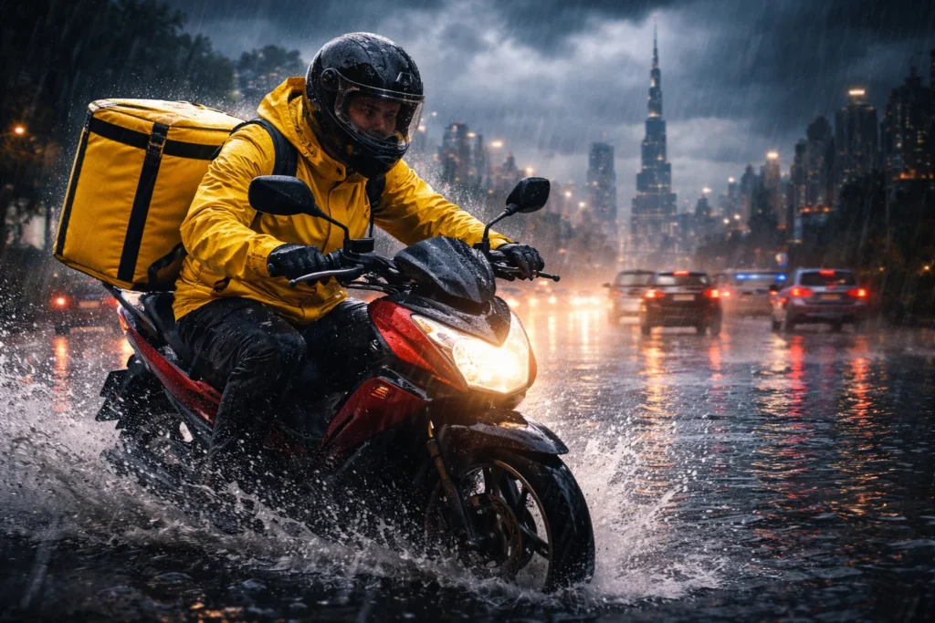 Rider Navigating Flooded Streets in Dubai