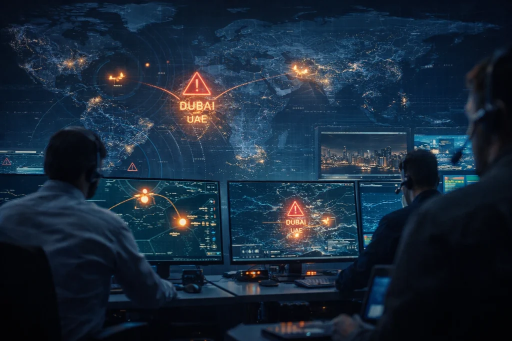 Security Analysts Monitoring Radar Screens Displaying the Middle East Region
