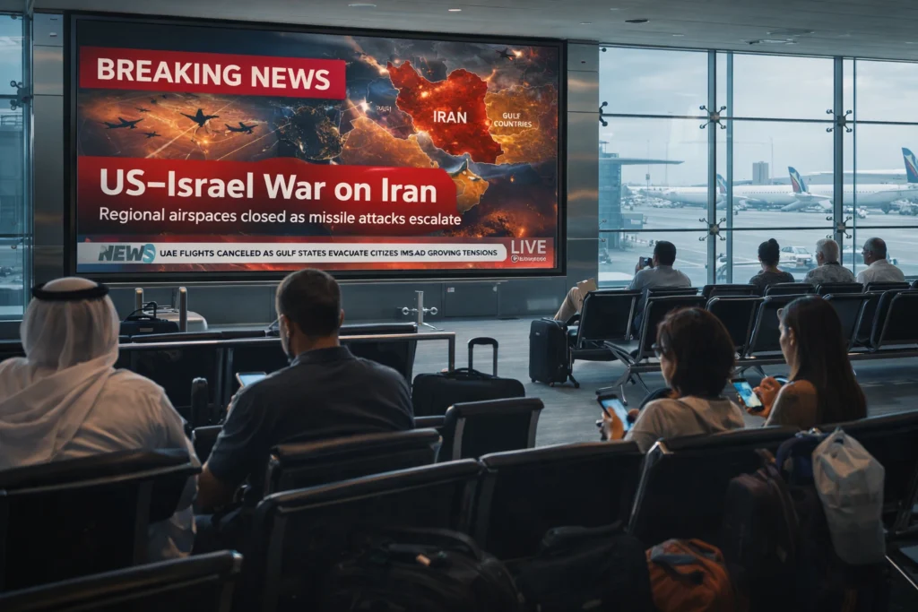 US-Israel War on Iran Breaking News at the Airport Terminal