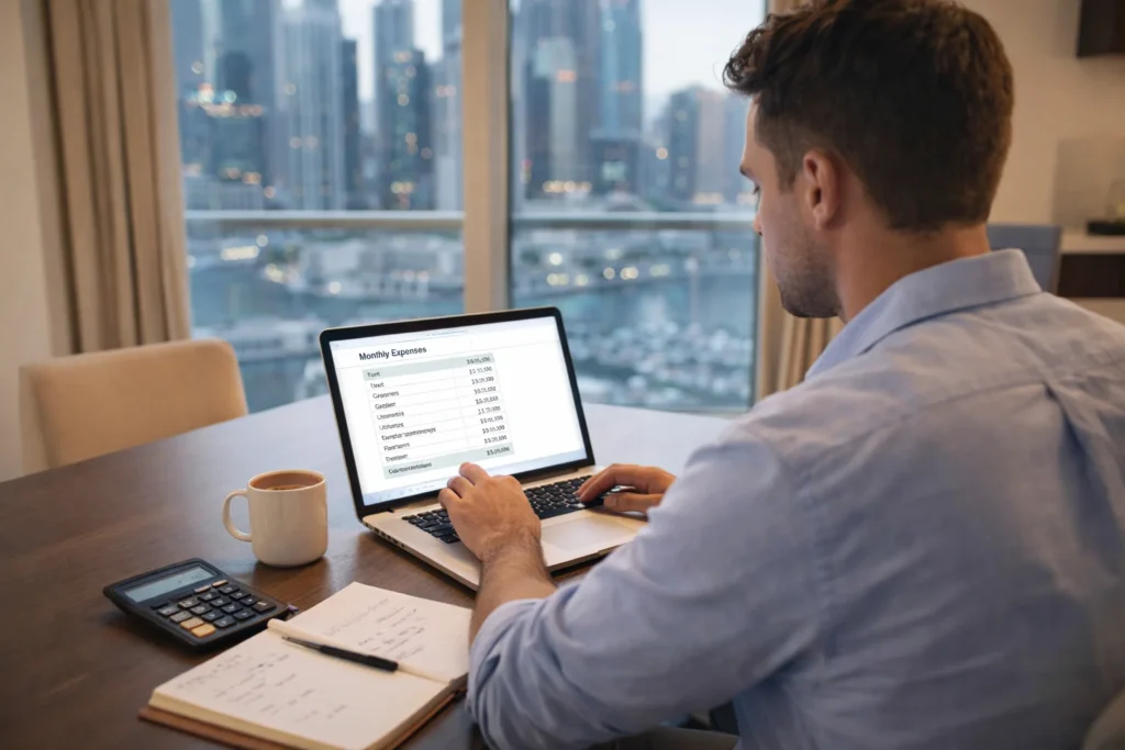 Young Expat Reviewing Monthly Expenses on a Laptop at a Modern Apartment