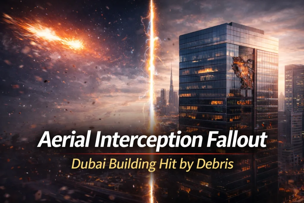 Aerial Interception Fallout - Oracle Building in Dubai Hit by Debris