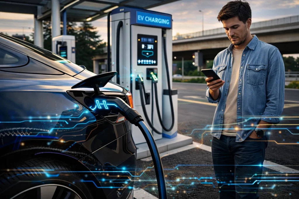 Electric Car at a Fast-Charging Station