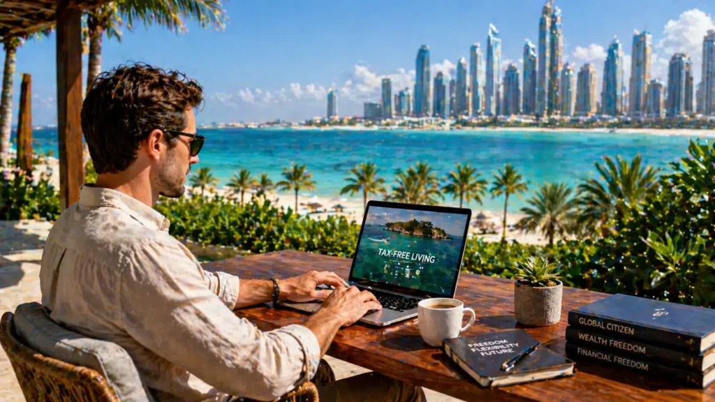 Person Working on Laptop Near Beach in a Tax-Free Country