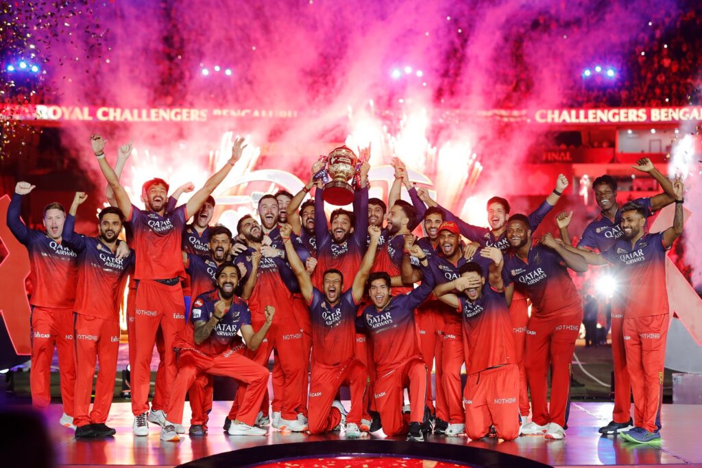 Royal Challengers Bengaluru celebrating win during the final of the Indian Premier League season 18 (IPL 2025) between Royal Challengers Bangalore and Punjab Kings held at the Narendra Modi Stadium, Ahmedabad on the 3rd June 2025