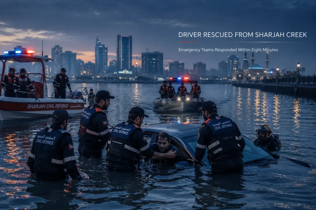 Sharjah Rescue Teams Rescued Driver in Just Eight Minutes After Car Falls Into Creek