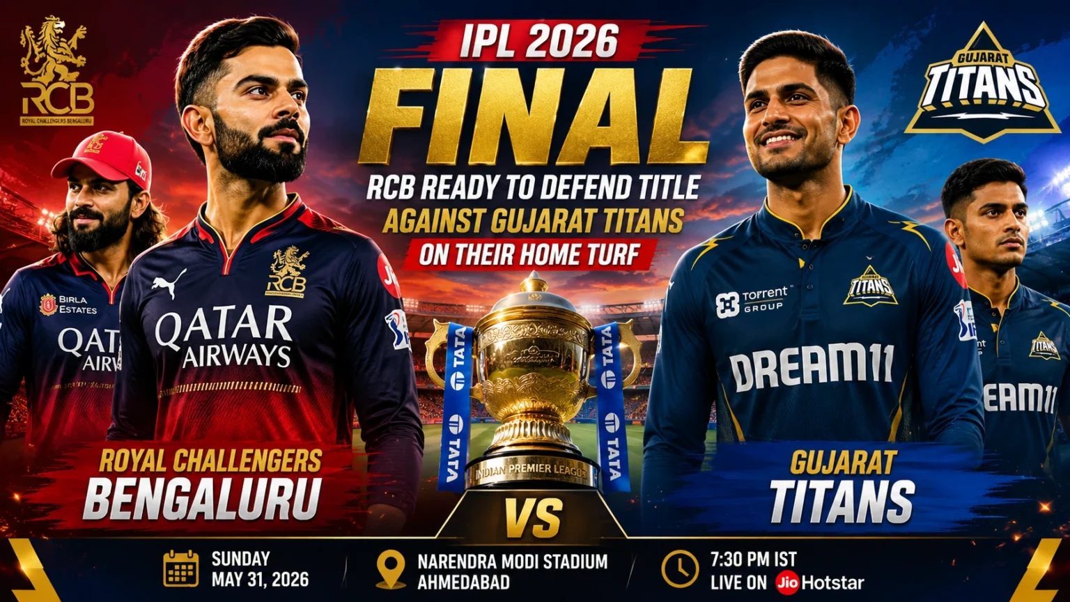 RCB vs GT IPL 2026 Final: Royal Challengers Bengaluru Ready to Defend Title Against Gujarat Titans on Their Home Turf in Ahmedabad RCB vs GT IPL 2026 Final: Royal Challengers Bengaluru Ready to Defend Title Against Gujarat Titans on Their Home Turf in Ahmedabad