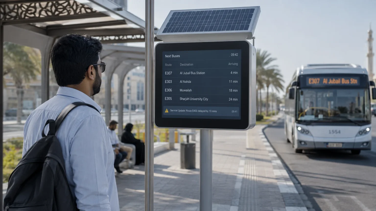 Sharjah Introduces Live Bus Arrival Information Screens to Make Journeys Easier Sharjah Introduces Solar-Powered Screens Showing Live Bus Timings